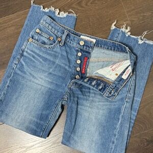 Lucky Brand 90s Loose High Rise Crop Jeans Blue Button Fly Raw Hem Size 00 24